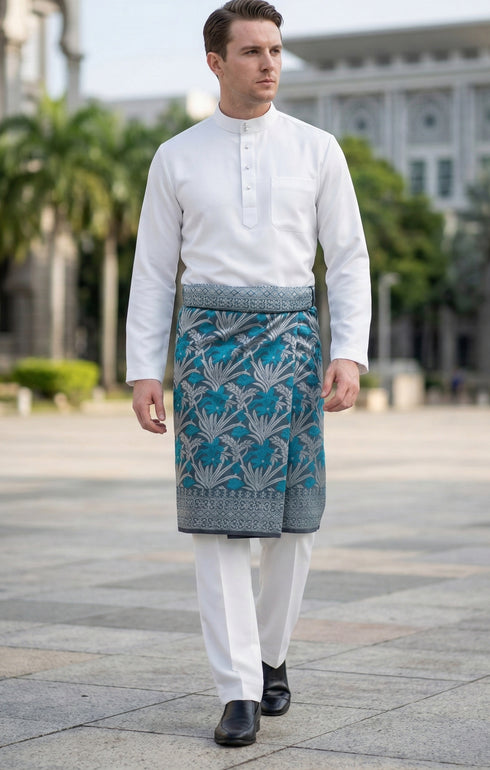 Man wearing a traditional outfit Premium teal blue instant sampin kasturi with elegant traditional Malay design setting.