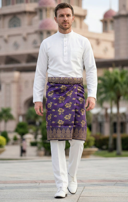 Man wearing Sampin Instant Raya Tenun Purple Gold with Baju Melayu traditional outfit front view highlighting velcro waist and weave texture