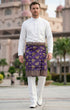 Man wearing Sampin Instant Raya Tenun Purple Gold with Baju Melayu traditional outfit front view highlighting velcro waist and weave texture