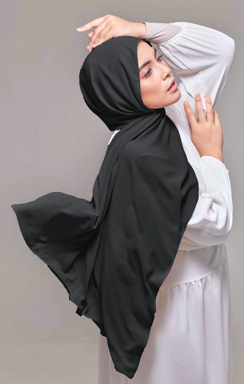 Shawl Plain Black side view highlighting flowing edge and generous width
