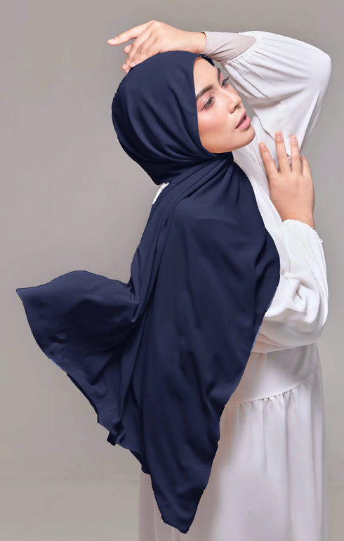 Shawl Plain Blue Black front drape view showing full length and premium Korean chiffon