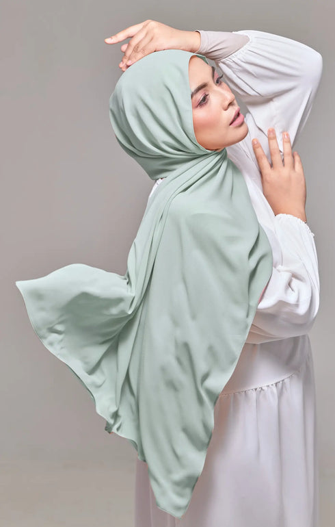 Instant Shawl Plain Dusty Green front drape view showing full length and premium Korean chiffon