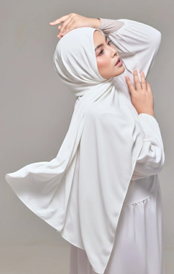 Shawl Plain White front drape view showing full length and premium Korean chiffon