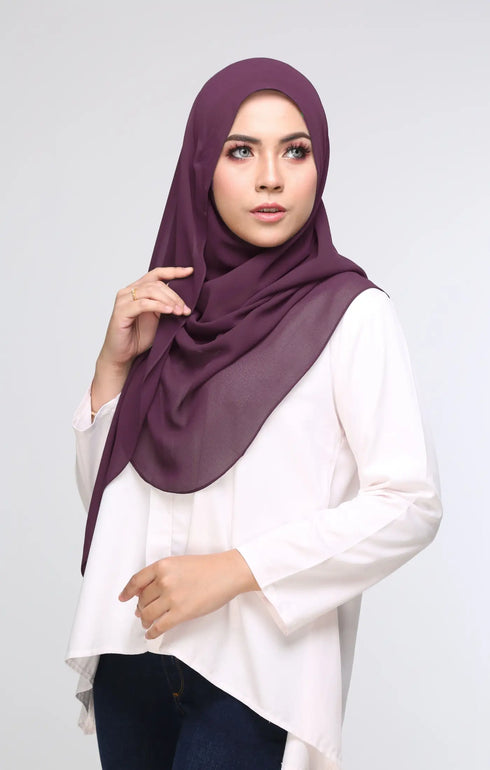 Woman wearing Dusty Magenta Semi Instant shawl Plain front drape view showing full length and chiffon softness and Shirt white top on a light gray background