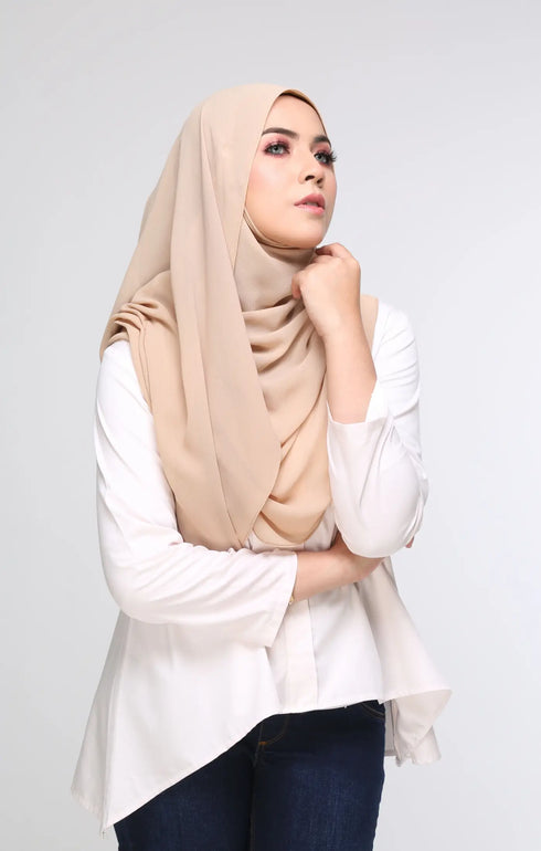 Woman wearing a Semi Instant Shawl front drape view showing full length and soft chiffon