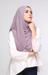 Woman wearing a Smokey Purple styling shot showing shawl wrapped on model hijab and Plain white shirt on a plain background