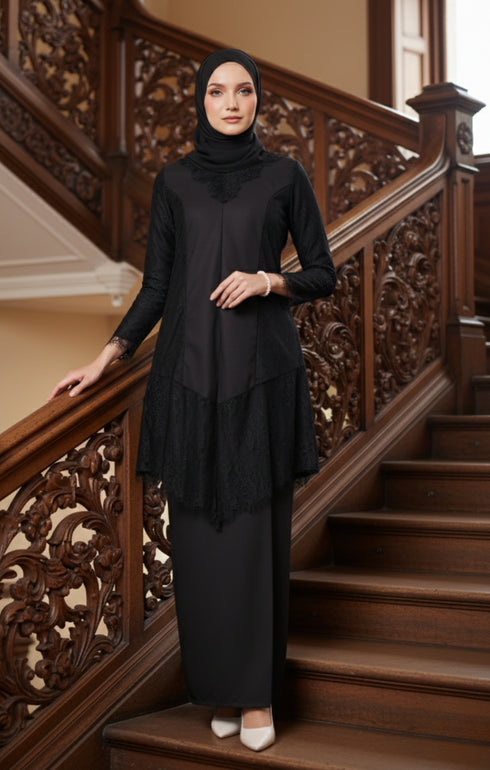Kebaya Moden Black front view on model showing V-neck lace kebaya dress