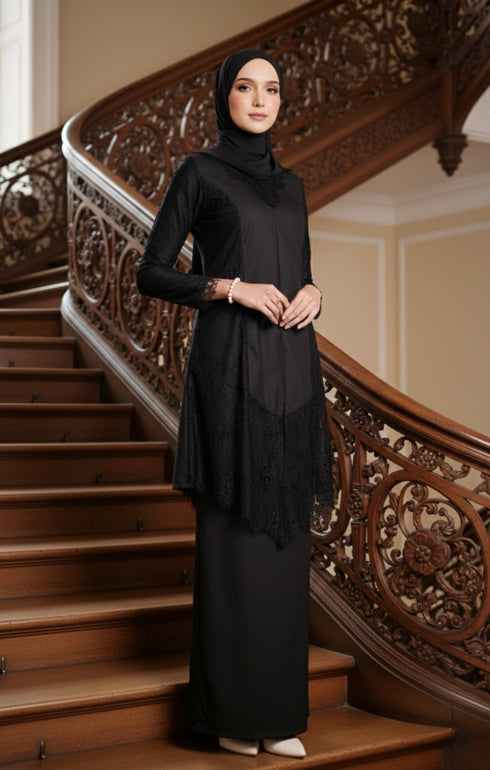 Kebaya Moden side view on model highlighting long straight sleeve fit