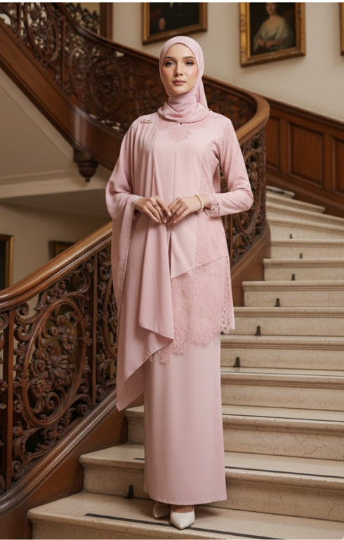 Kebaya Moden Rose Gold flat lay showing full kebaya dress shape standing on a staircase with decorative railings.