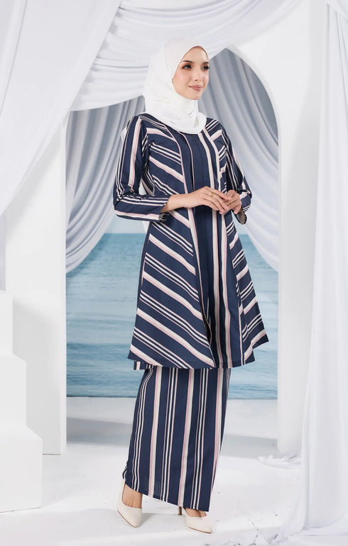 Side view Liyana 2.0 Kebarung Linen Blue Black Stripe highlighting long straight sleeve and silhouette