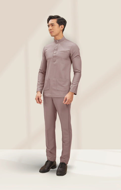 Naufal Baju Melayu Cekak Musang Smokey Purple side view highlighting silhouette and pocket detail