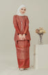 Model wearing C Luxe Kurung Kedah Maroon displaying overall styling and drape