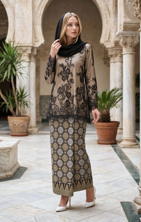 woman wearing Kurung Kedah Lace Songket Black front view showcasing V neck hook design