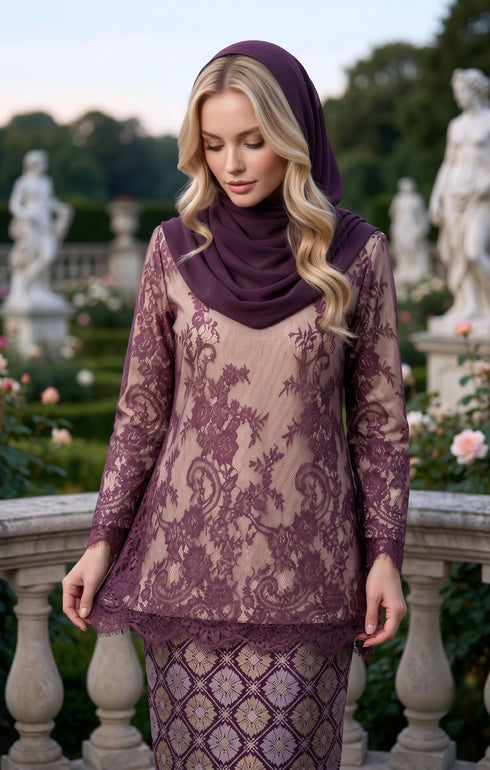 woman wearing Kurung Kedah Lace Songket Magenta front view with V neck hook design with magenta shawl