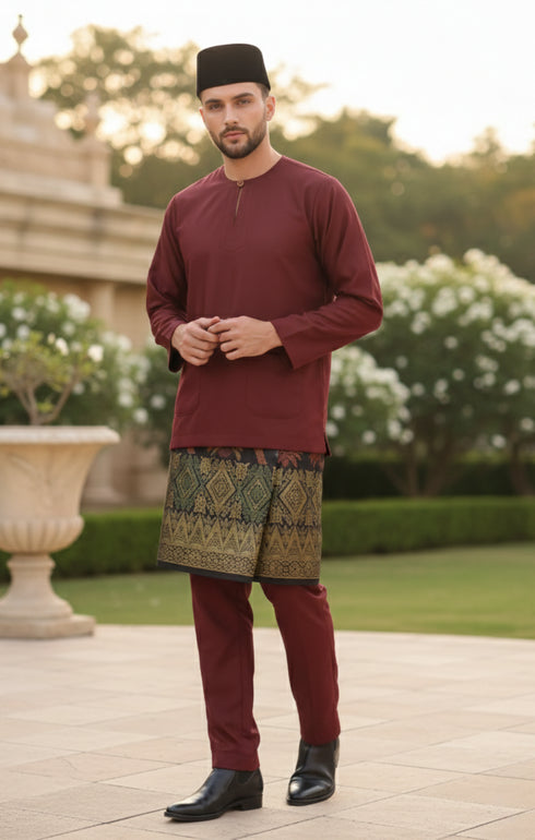 Baju Melayu Teluk Belanga Maroon side view showing sleeve and fit