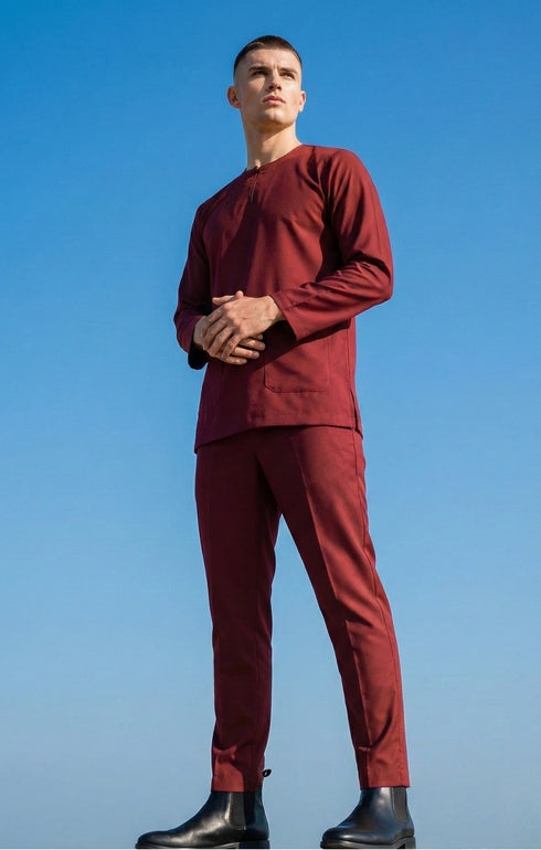 Baju Melayu Teluk Belanga Maroon front view full traditional outfit
