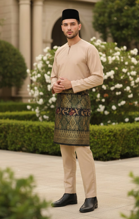 Baju Melayu Teluk Belanga Nude traditional attire side view showing sleeve and fit in an outdoor setting