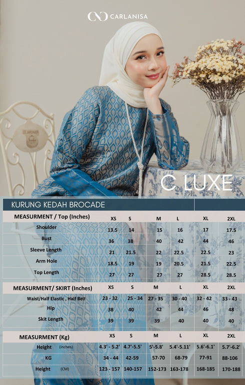 Size chart C Luxe Kurung Kedah Black showing available sizes XS S M L XL 2XL