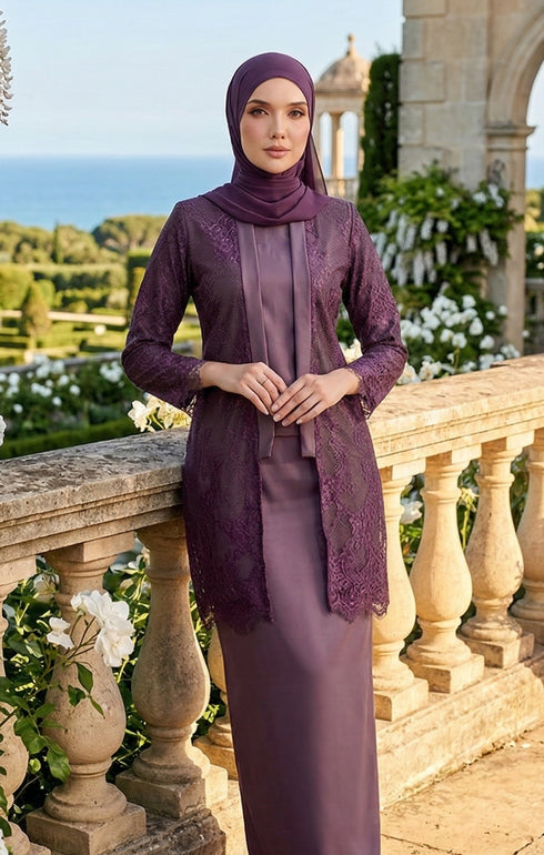 styling kebaya Kutu Baru Dusty Magenta front view with long straight sleeve standing on a balcony with scenic background