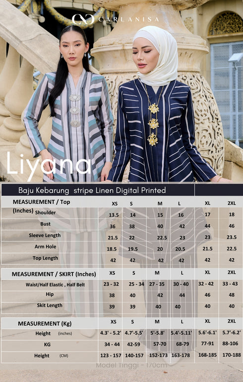 Size chart Liyana 2.0 Kebarung Linen Blue Black Stripe showing available sizes XS S M L XL 2XL