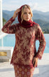 model wearing Kurung Kedah Lace Songket Maroon close-up French lace and songket texture