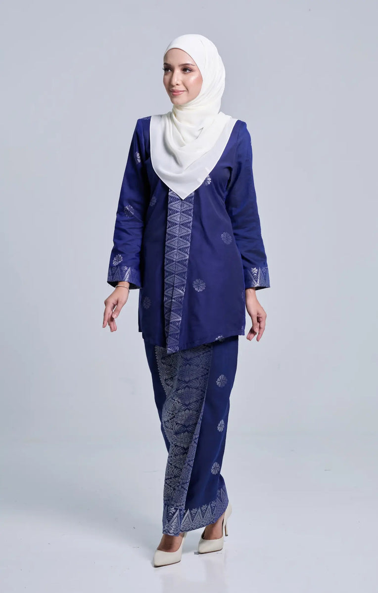Kebaya Songket Labuh Dark Royal Blue Silver Buy Now
