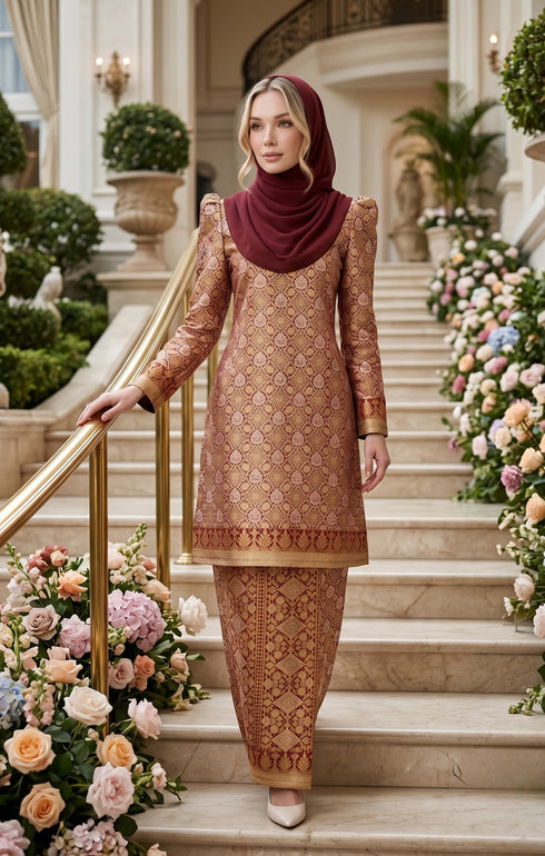 woman posing in Kurung Moden Dyed Brocade Burgundy featuring brocade kepala border skirt styling