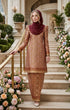 woman posing in Kurung Moden Dyed Brocade Burgundy featuring brocade kepala border skirt styling