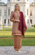 woman wearing Kurung Moden Dyed Brocade Burgundy front view showcasing round neck and elegant silhouette