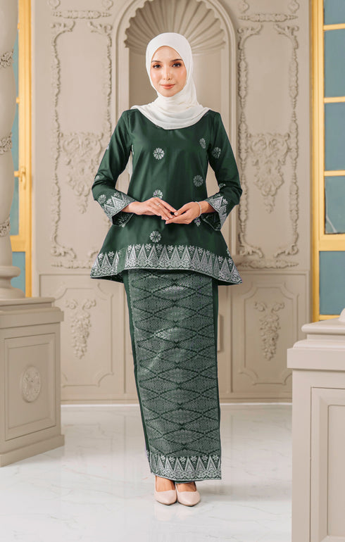Front view Aryana Kurung Kedah Dark Emerald Green Silver showing songket design and fit