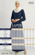 Kebarung Klasik outfit with a Plain hijab, measurement chart labeled XS to 4XL