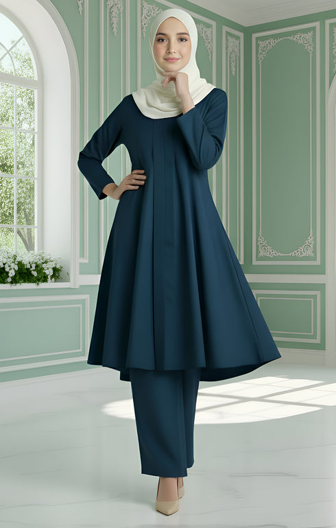 Woman wearing Kebarung Klasik Dark Teal Blue front view showing V shape neck and loose flowy cotton fit