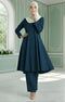 Woman wearing Kebarung Klasik Dark Teal Blue front view showing V shape neck and loose flowy cotton fit