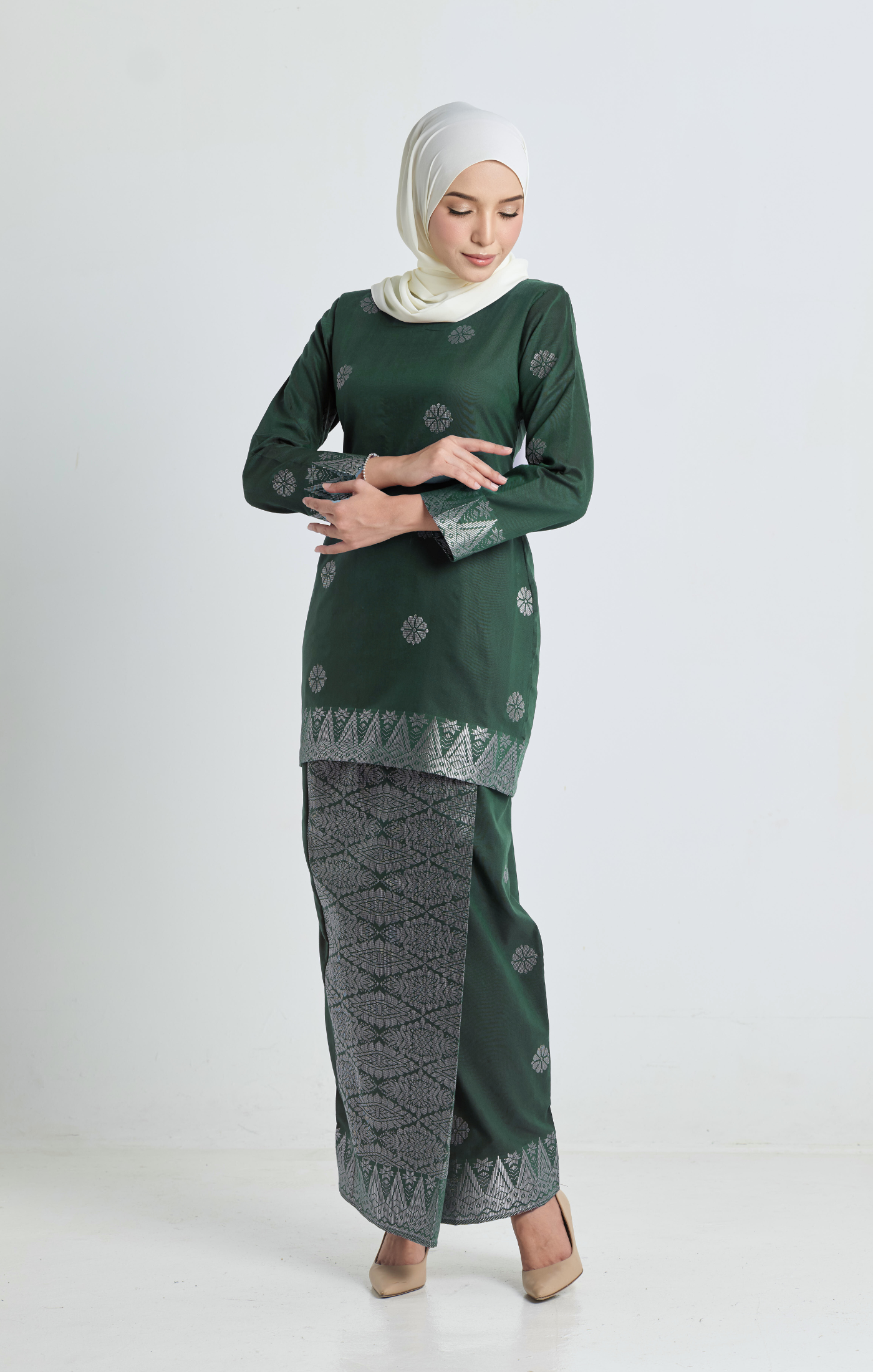 Riza Kurung Moden | Dark Emerald Green Silver