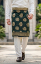 Man wearing Sampin Instant Kasturi Tenun Emerald Green Gold with Baju Melayu traditional outfit front view highlighting velcro waist and weave texture
