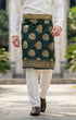 Man wearing Sampin Instant Kasturi Tenun Emerald Green Gold with Baju Melayu traditional outfit front view highlighting velcro waist and weave texture