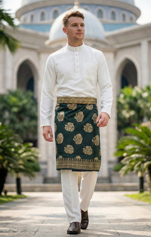 Man wearing Sampin Instant Kasturi Tenun Emerald Green Gold with Baju Melayu traditional outfit front view showing emerald and gold pattern contrast