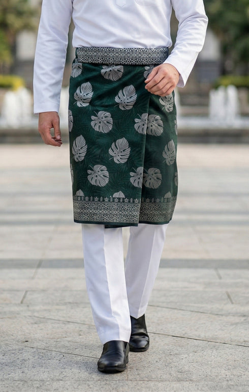 Man wearing Sampin Instant Kasturi Tenun Emerald Silver with Baju Melayu traditional outfit close-up showing embossed tenun fabric detail