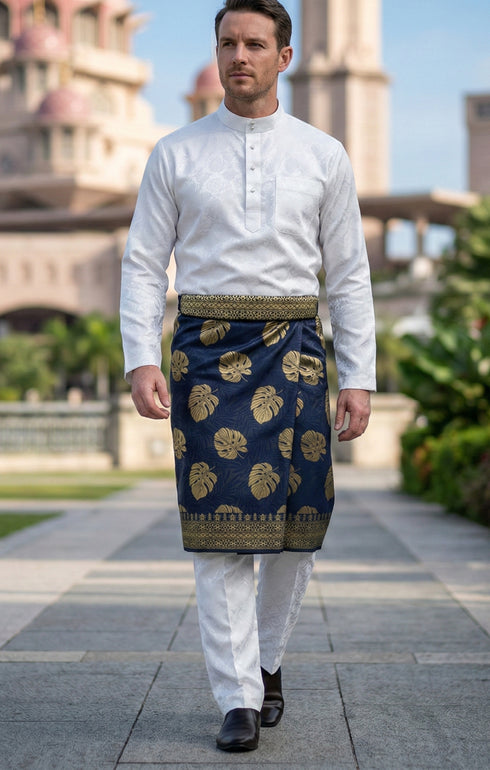 Man wearing Sampin Instant Kasturi Tenun Navy Blue Gold with Baju Melayu traditional outfit front view showing navy and gold pattern contrast