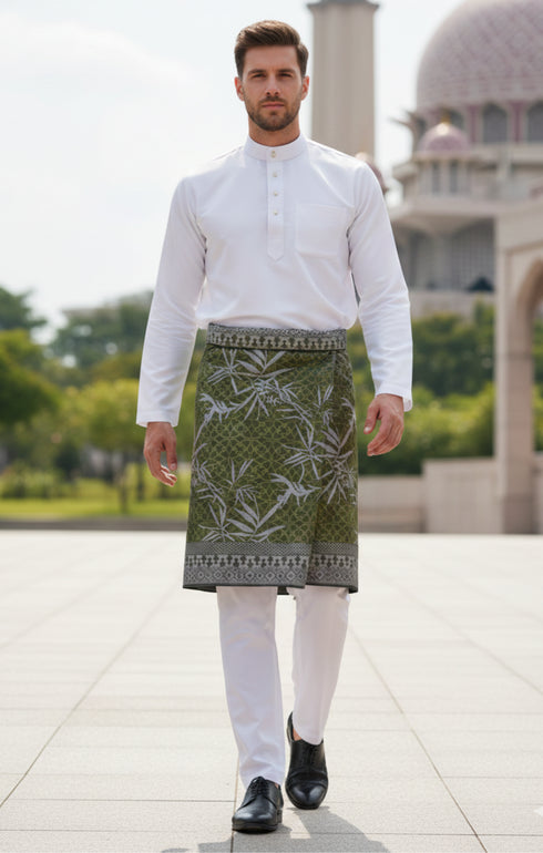 Man wearing Sampin Instant Kasturi Tenun Olive Green Silver with Baju Melayu traditional outfit front view showing woven pattern depth