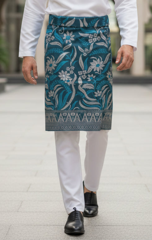 Person wearing Sampin Instant Kasturi Tenun Teal blue Silver with Baju Melayu traditional outfit front view showing full woven pattern