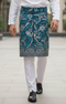 Person wearing Sampin Instant Kasturi Tenun Teal blue Silver with Baju Melayu traditional outfit front view showing full woven pattern