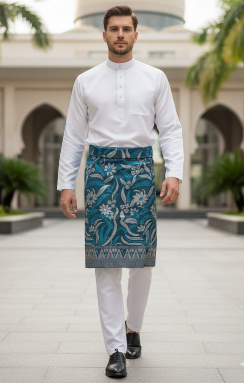 Man wearing Sampin Instant Kasturi Tenun Teal Blue silver with Baju Melayu traditional outfit front view