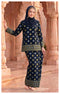 woman wearing Kurung Kedah Blue Black front view songket round neck design