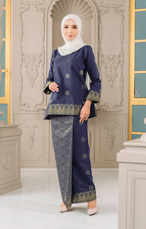 Side view Kurung Kedah Blue Black Gold highlighting long straight sleeve and silhouette