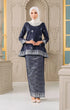 Model wearing Kurung Kedah Blue Black Silver displaying overall styling and drape