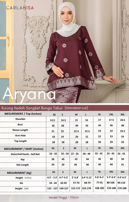 Size chart Kurung Kedah showing available sizes XS S M L XL 2XL 3XL