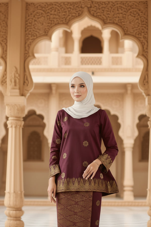 Aryana Kurung Kedah | Dark Maroon Gold