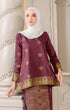 Front view Aryana Kurung Kedah Dark Maroon Gold showing songket woven design and regular fit