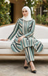 Model wearing Liyana 2.0 Kebarung Linen Dusty Green Stripe displaying overall styling and drape